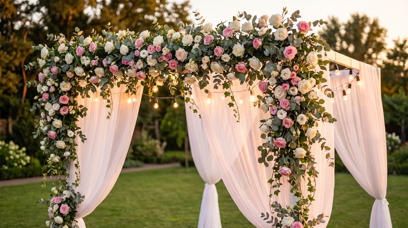 Пример фотозоны на свадьбе с цветочными арками