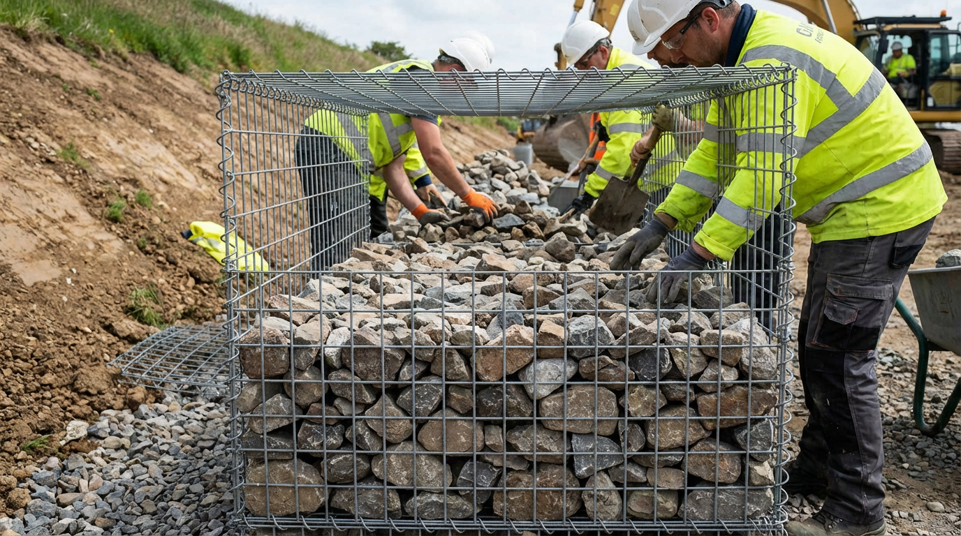 Заполнение коробчатых габионов камнями послойно