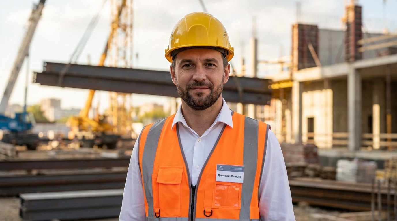 Дмитрий Юлашев — портрет инженера в профессиональной одежде на фоне строительной площадки