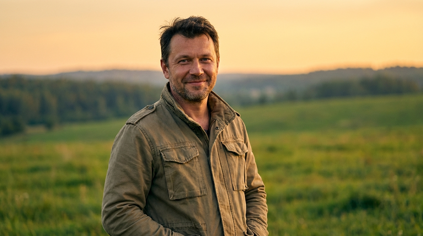 Сергей Воронин — портрет автора статьи, фото мужчины средних лет в полевом костюме на фоне ландшафта