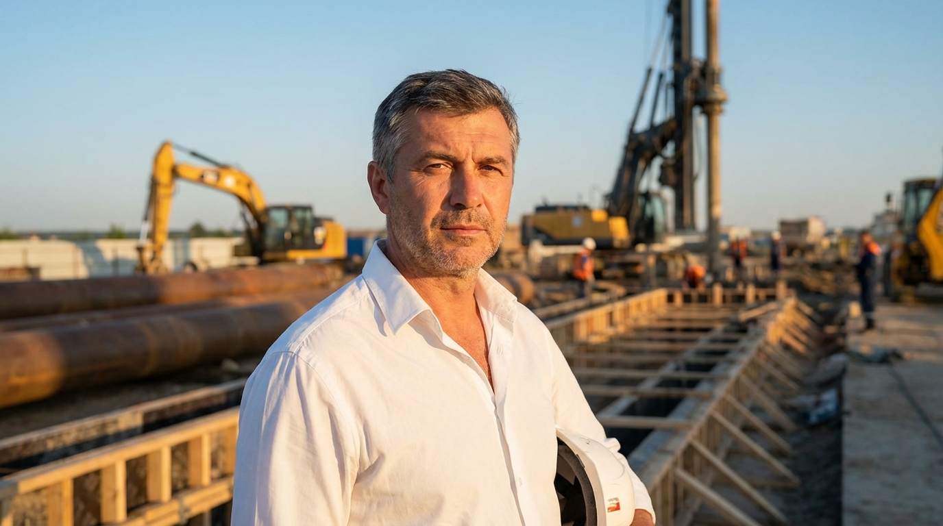 Дмитрий Воронин — портрет инженера средних лет с седеющими висками, в светлой рубашке, на фоне строительной площадки с элементами водных кон