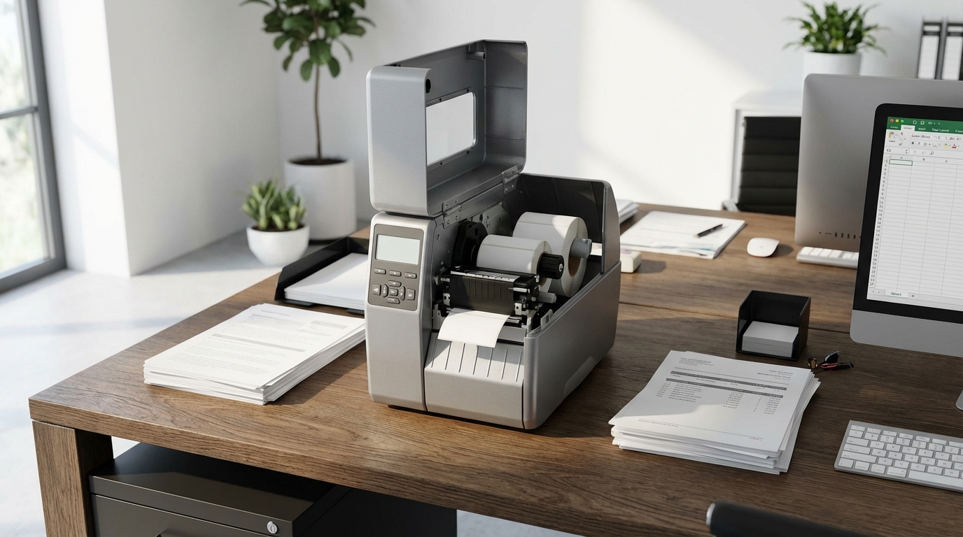Фотореалистичное изображение офисной сцены: в центре на деревянном столе стоит компактный промышленный этикеточный принтер с открытым отсеко