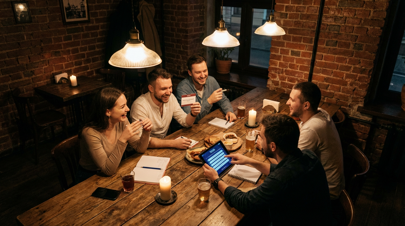 Команда играет в квиз в уютном баре Москвы