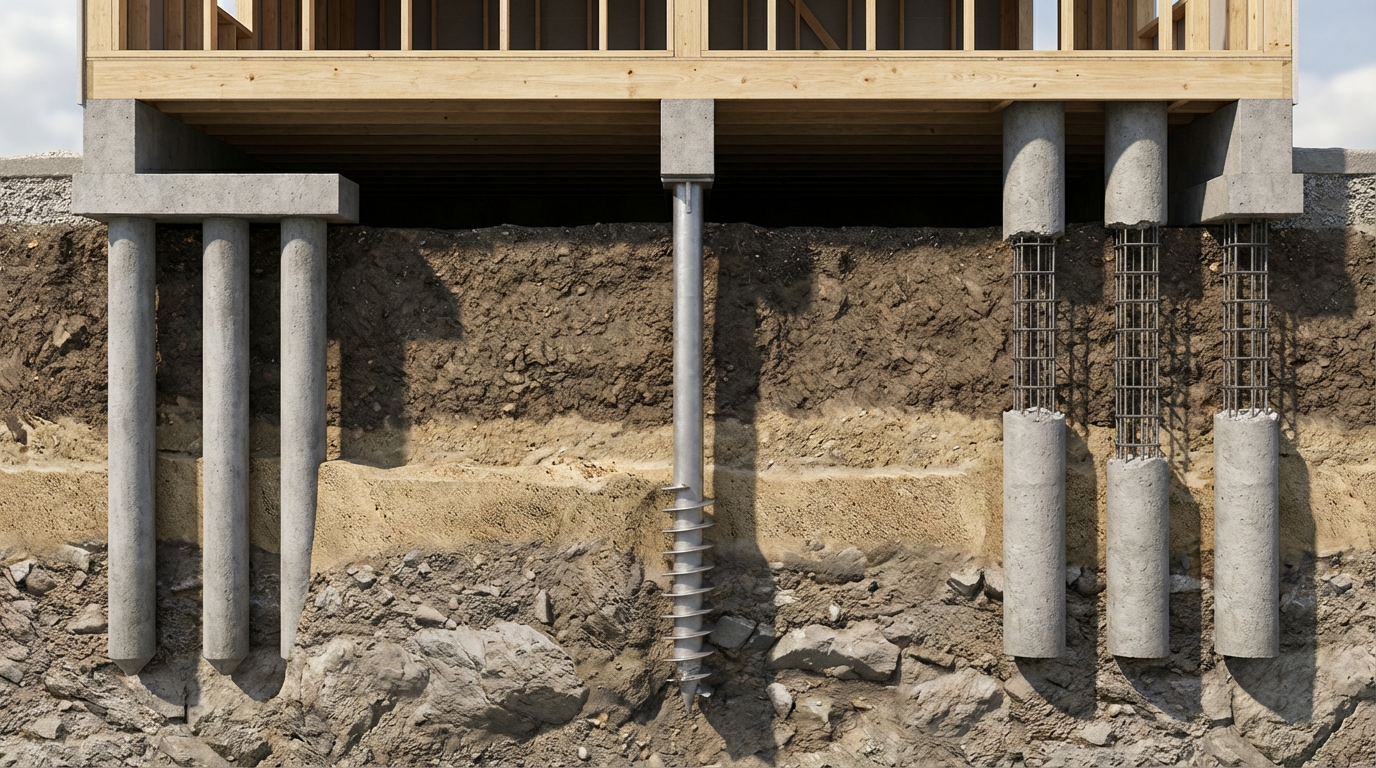 Схема устройства свайного фундамента с различными типами свай