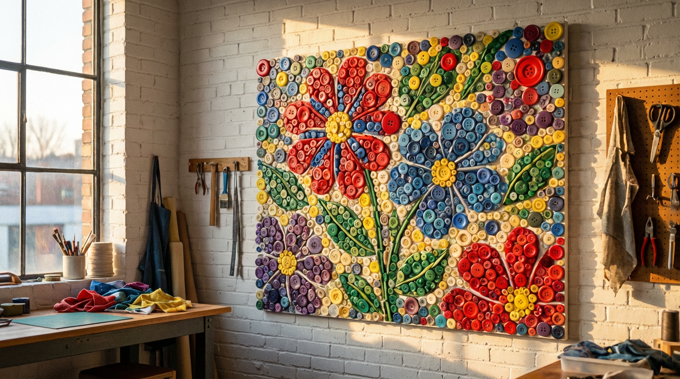 Панно на стене, созданное из разноцветных пуговиц