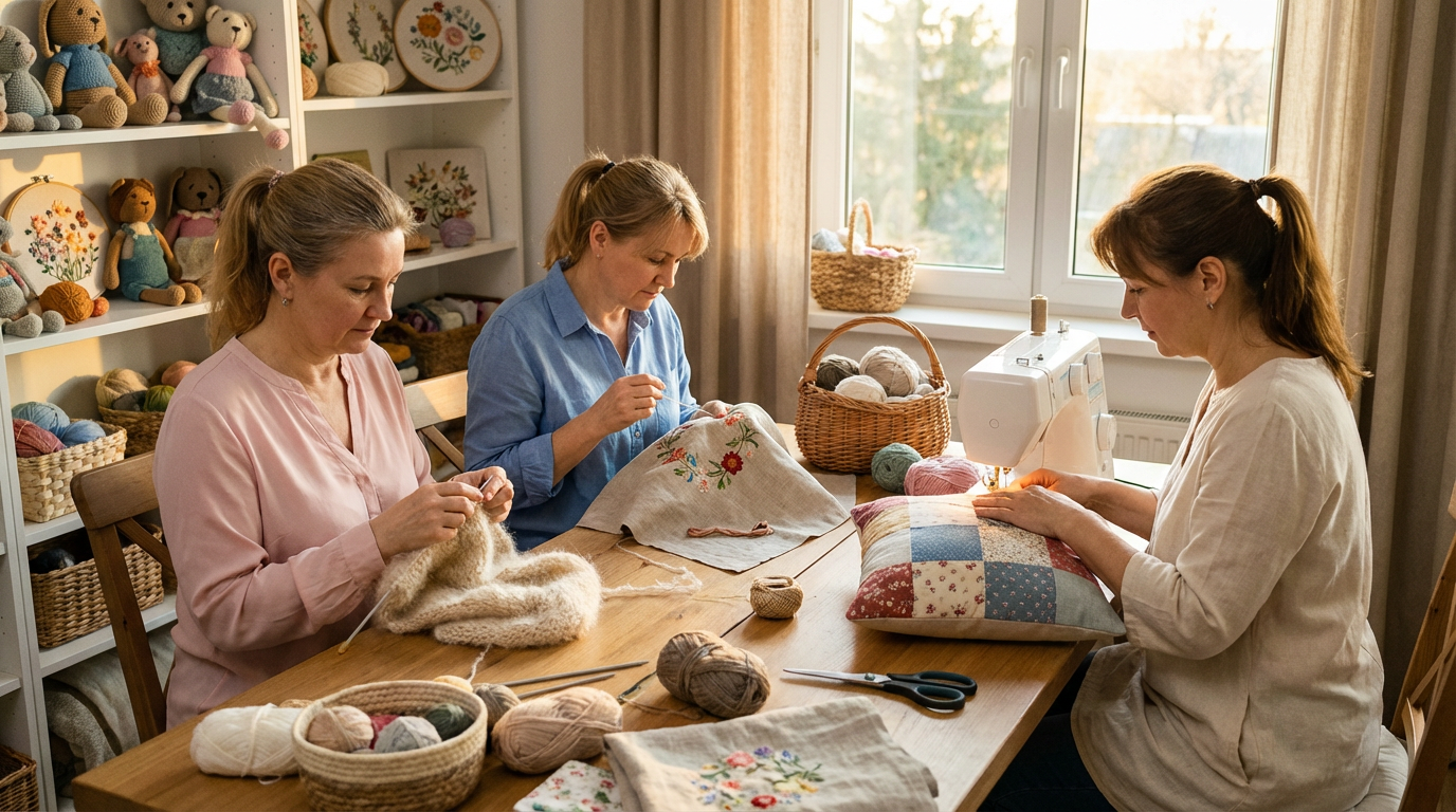 Женщины занимаются рукоделием, создавая красивые изделия
