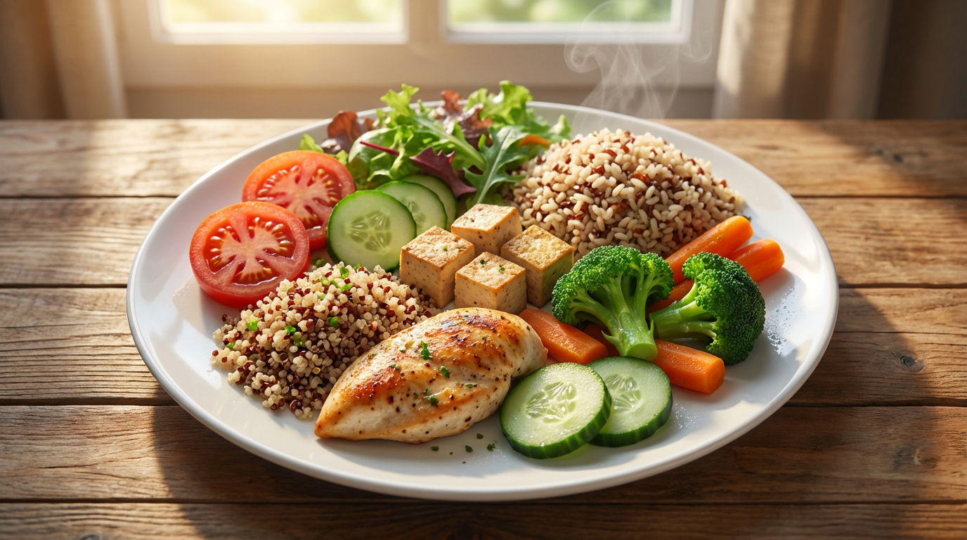 Балансированный рацион: овощи, белки и цельные зерна на тарелке