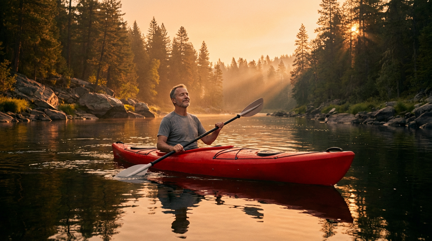 Человек на каяке у реки, расслабляющийся для психического здоровья
