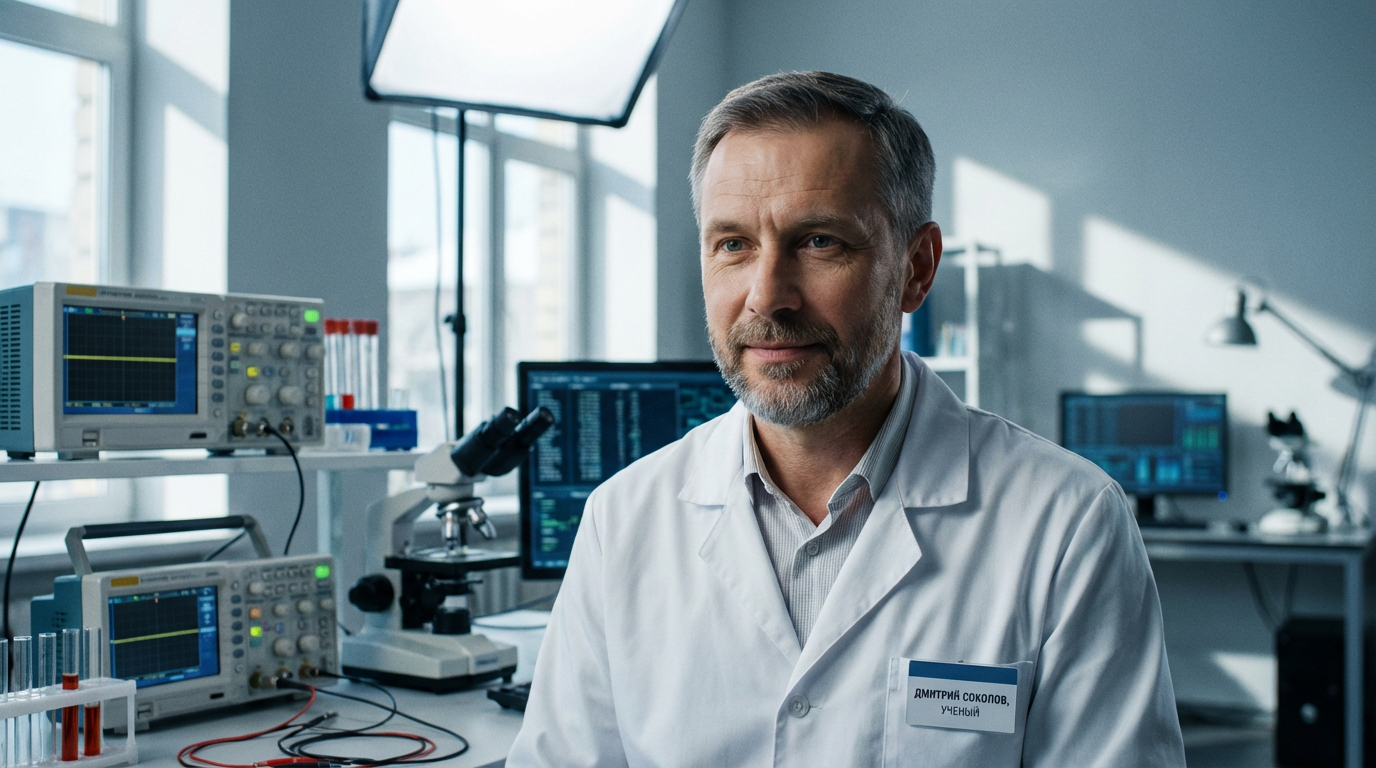 Дмитрий Соколов — портрет автора в профессиональной обстановке лаборатории с электронными приборами