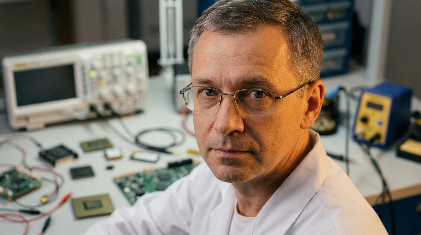 Дмитрий Соколов — портрет автора в лаборатории с электронными компонентами