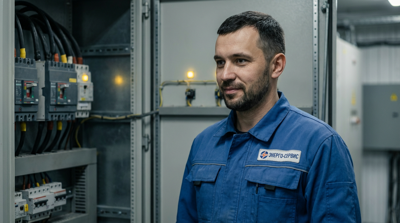 Дмитрий Соколов — портрет инженера-электрика в рабочей одежде на фоне электрощита