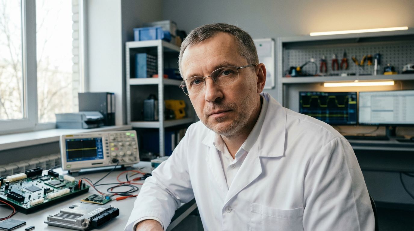 Дмитрий Воронов — портрет инженера-электроника в лабораторной обстановке с элементами автомобильной электроники