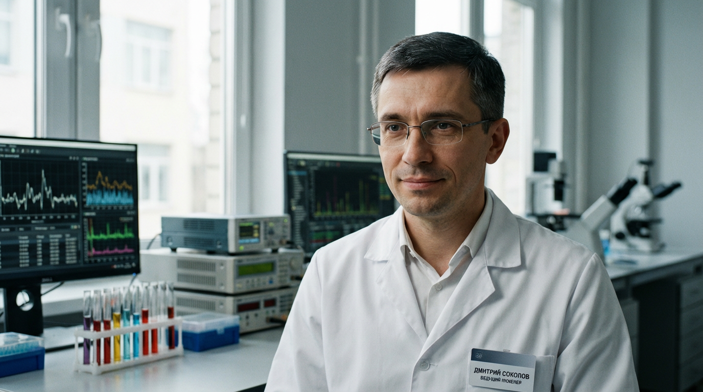 Дмитрий Соколов — профессиональный портрет инженера в лабораторной обстановке