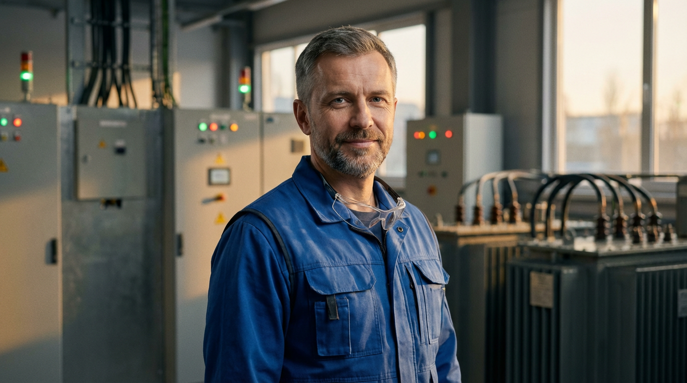 Дмитрий Соколов — портрет автора статьи, мужчина средних лет в инженерной униформе на фоне электроборудования