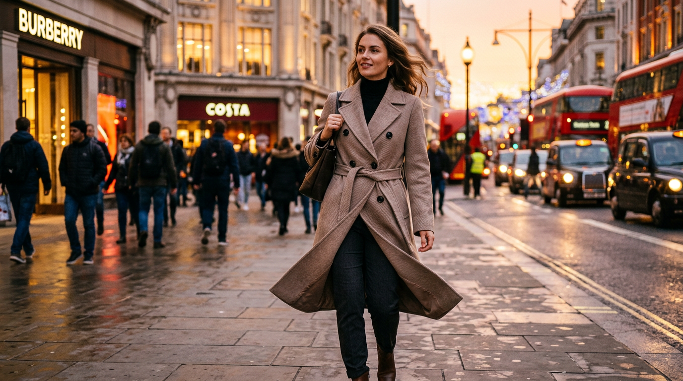 Женщина в пальто с пуговицами в стиле брендов на городской улице