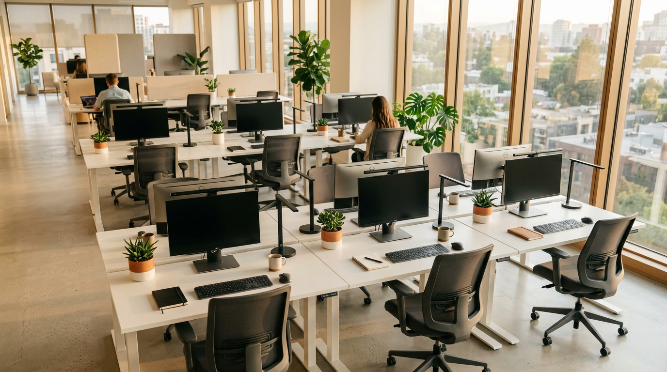 Современный офис с правильной организацией рабочих мест и эргономичными столами