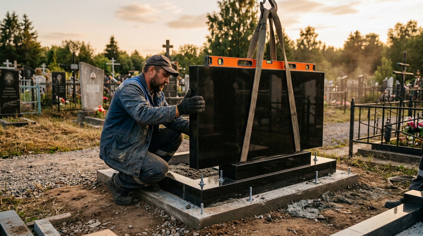 Монтаж гранитной стелы на могильном памятнике