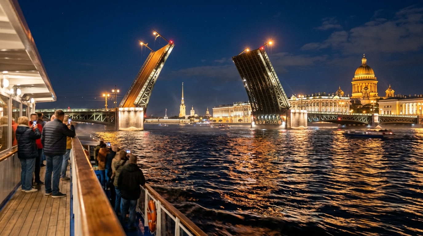 Ночной развод мостов в Санкт-Петербурге с теплохода