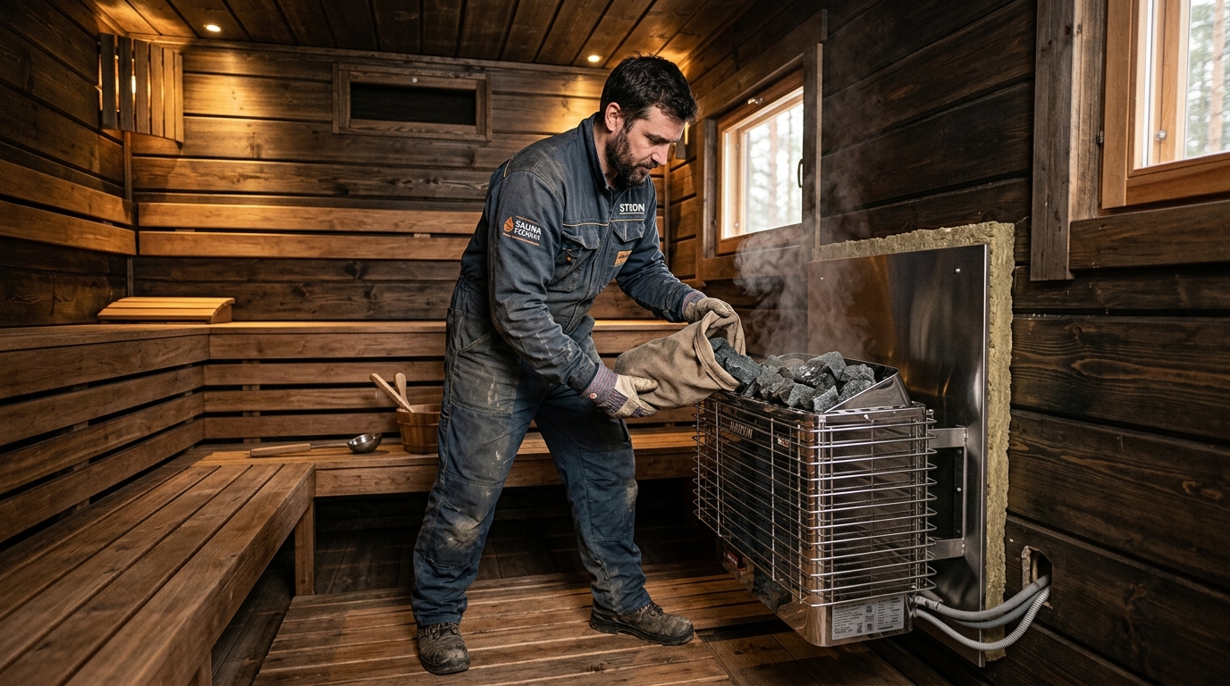 Установка электрокаменки в деревянной сауне с камнями