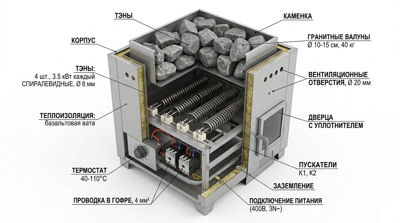 Схема конструкции электропечи для бани своими руками с ТЭНами и каменкой