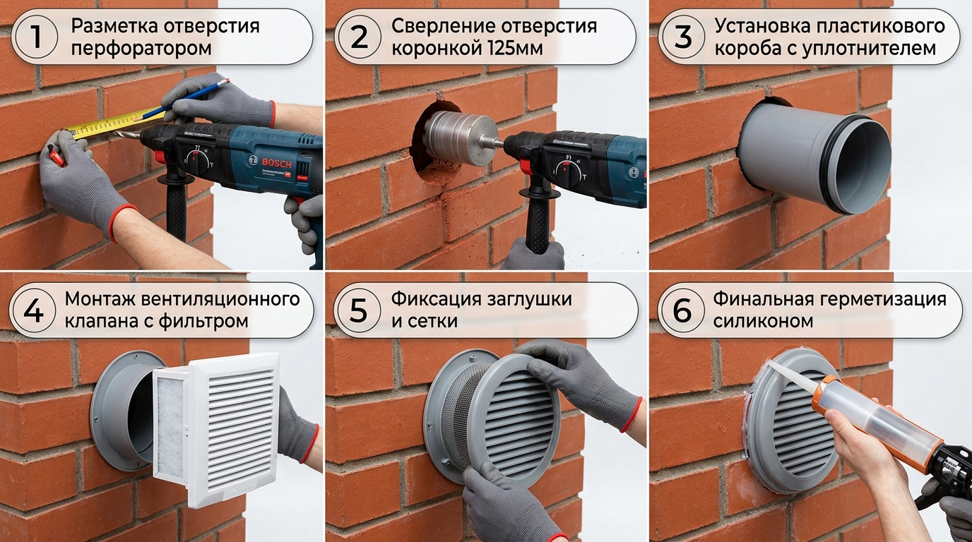 Пошаговый монтаж приточного вентиляционного клапана в стене
