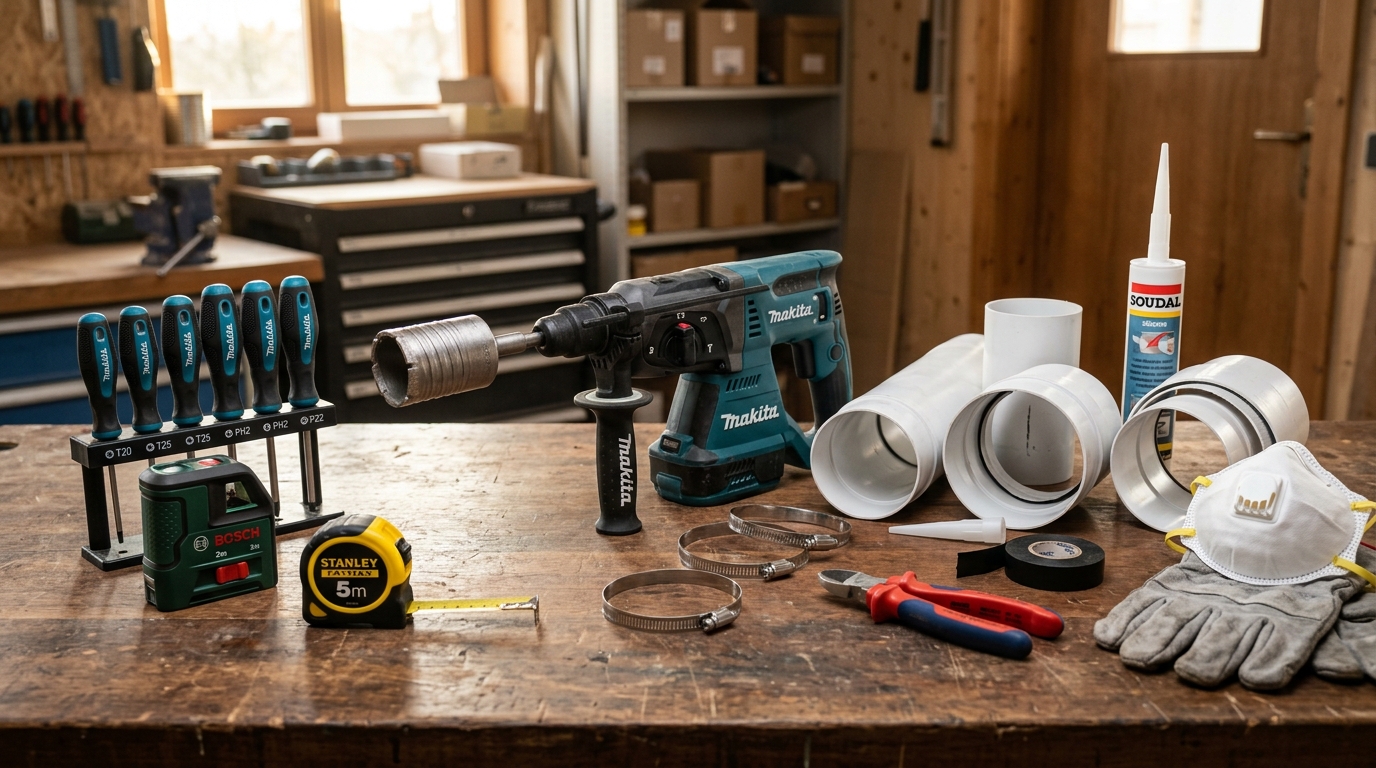 Инструменты и материалы для подготовки к монтажу вытяжной вентиляции