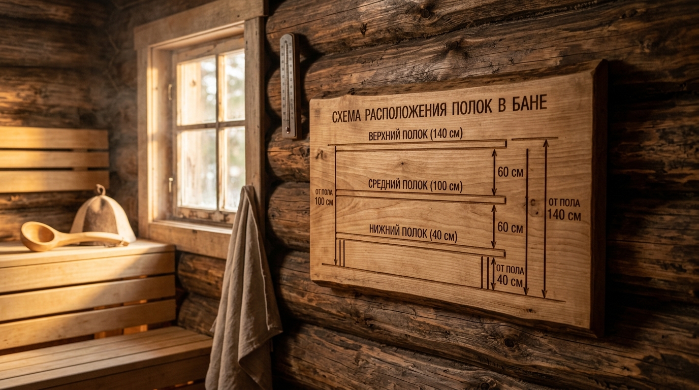 Схема расположения полок в бане с указанием высот