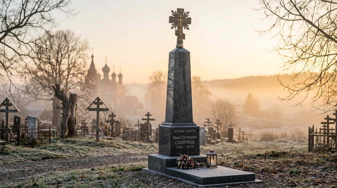 Классический гранитный обелиск на могиле с православным крестом
