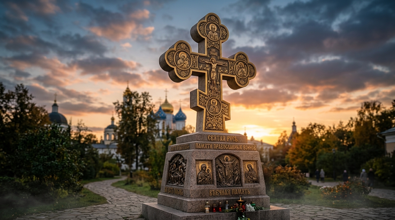 Православный памятник с восьмиконечным крестом и рельефом