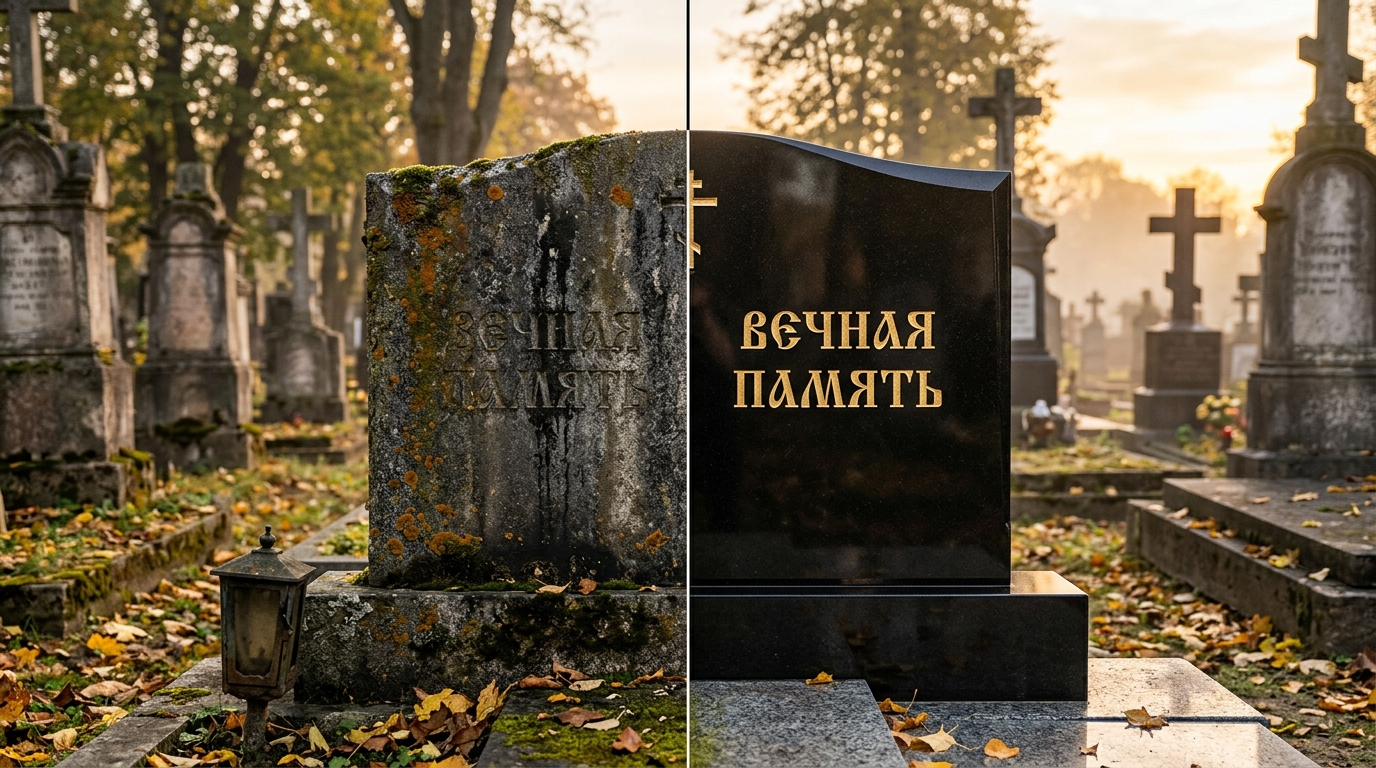 Гранитный памятник на кладбище до и после правильного ухода