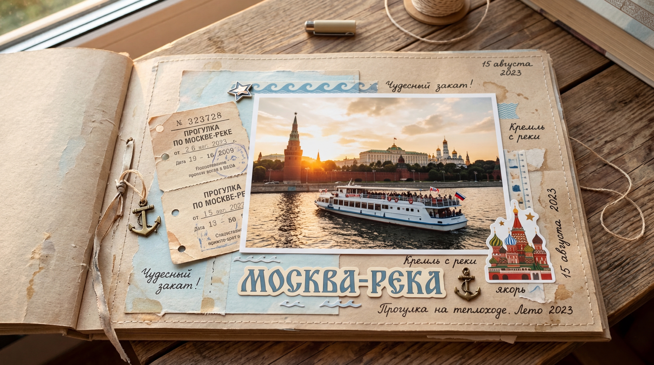 Страница скрапбука с фото прогулки на теплоходе по Москве-реке, украшенная билетами и наклейками Кремля