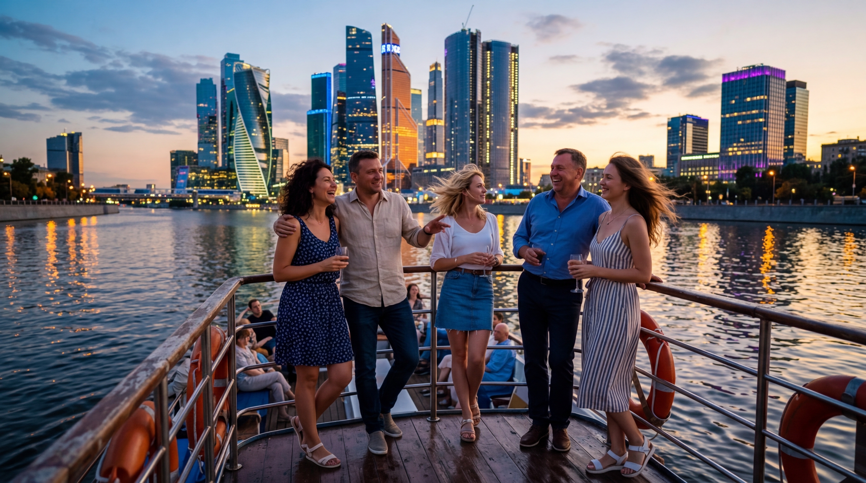 Пассажиры на открытой палубе теплохода наслаждаются видами Москва-Сити на вечернем круизе