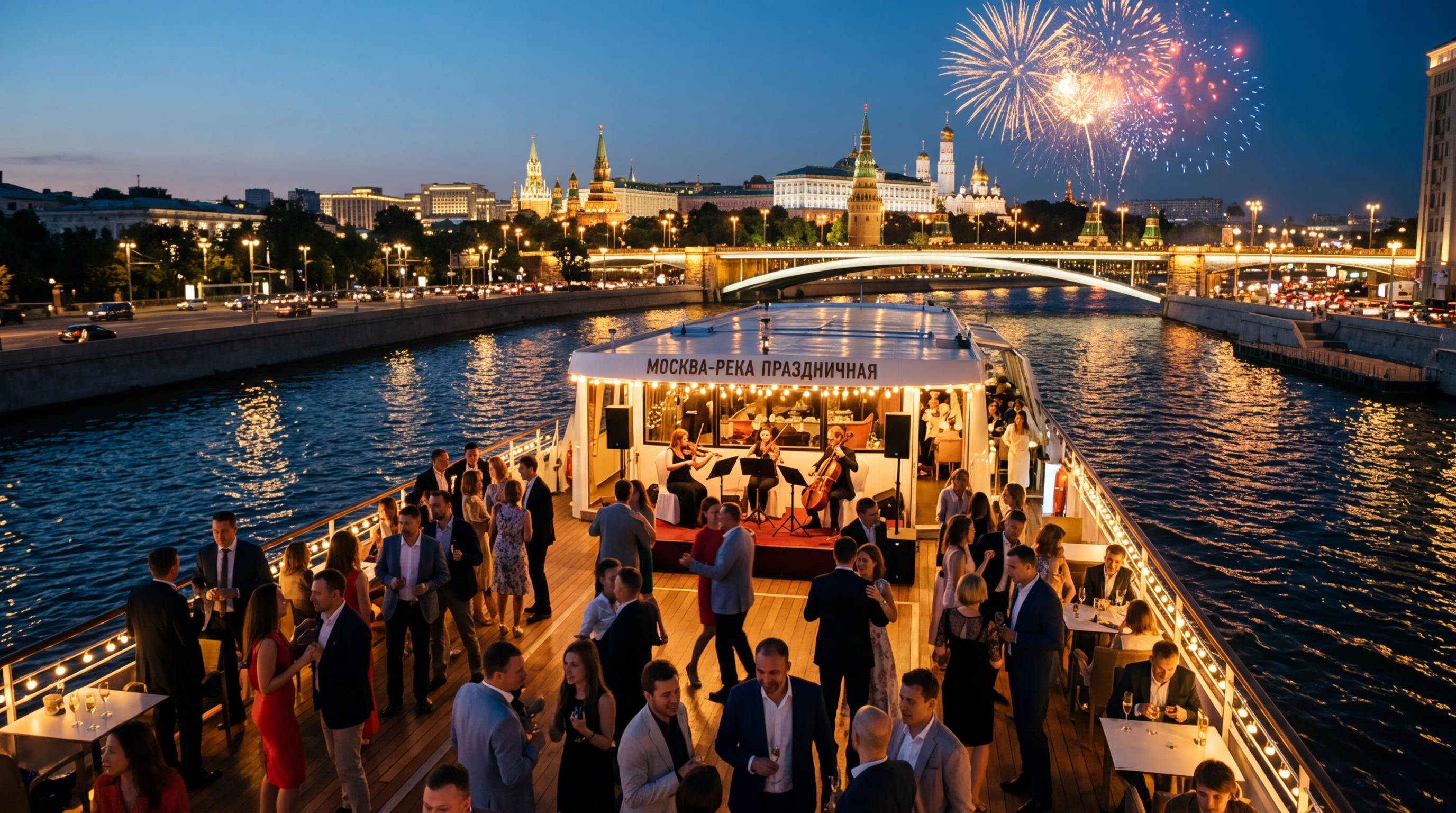 Вечерняя прогулка на теплоходе с музыкой и фейерверками в Москве