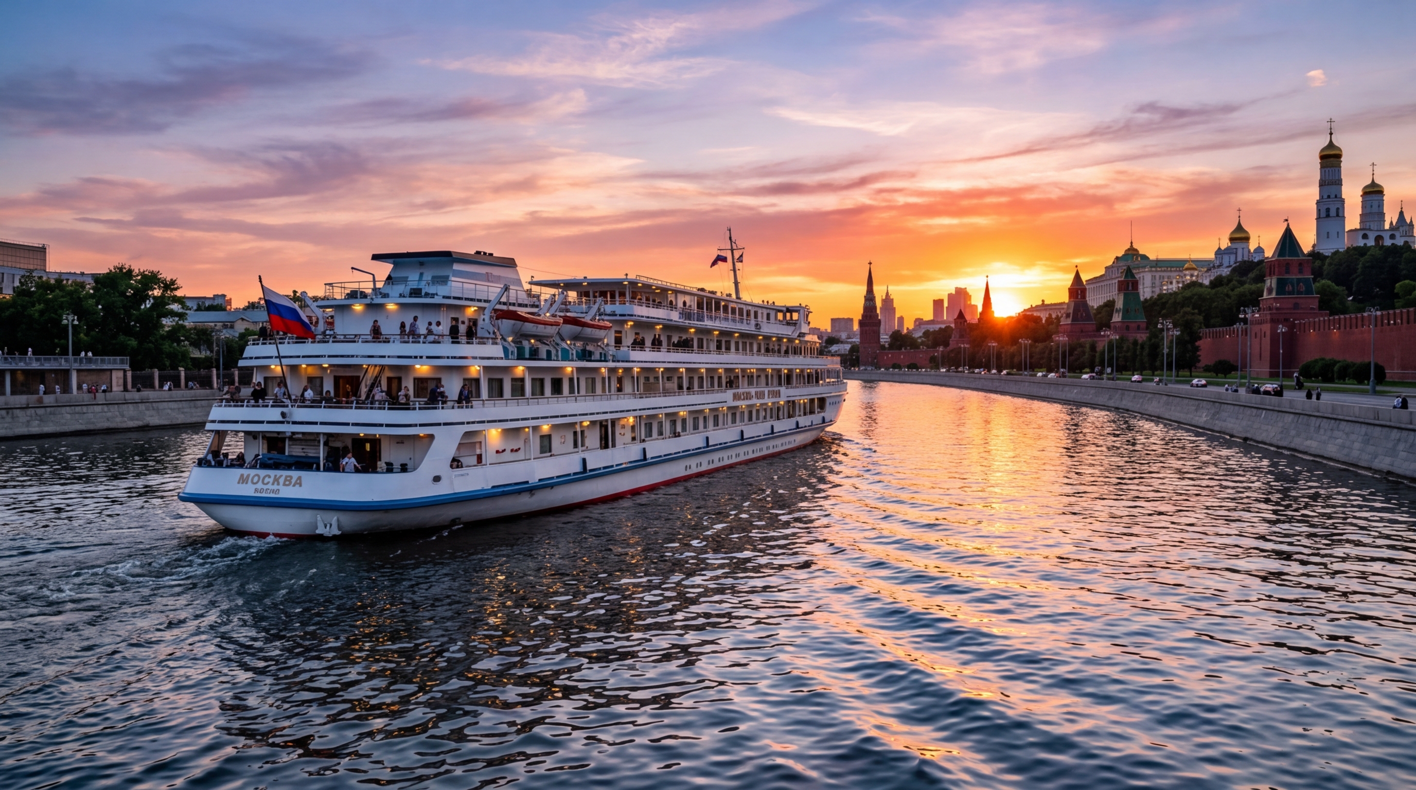 Теплоход на Москве-реке с видом на Кремль во время заката