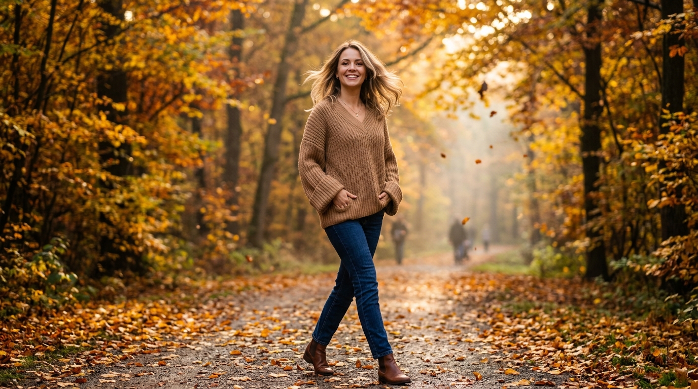 Женщина в свитере от Henderson на осенней прогулке, показывающем качество кроя и ткани
