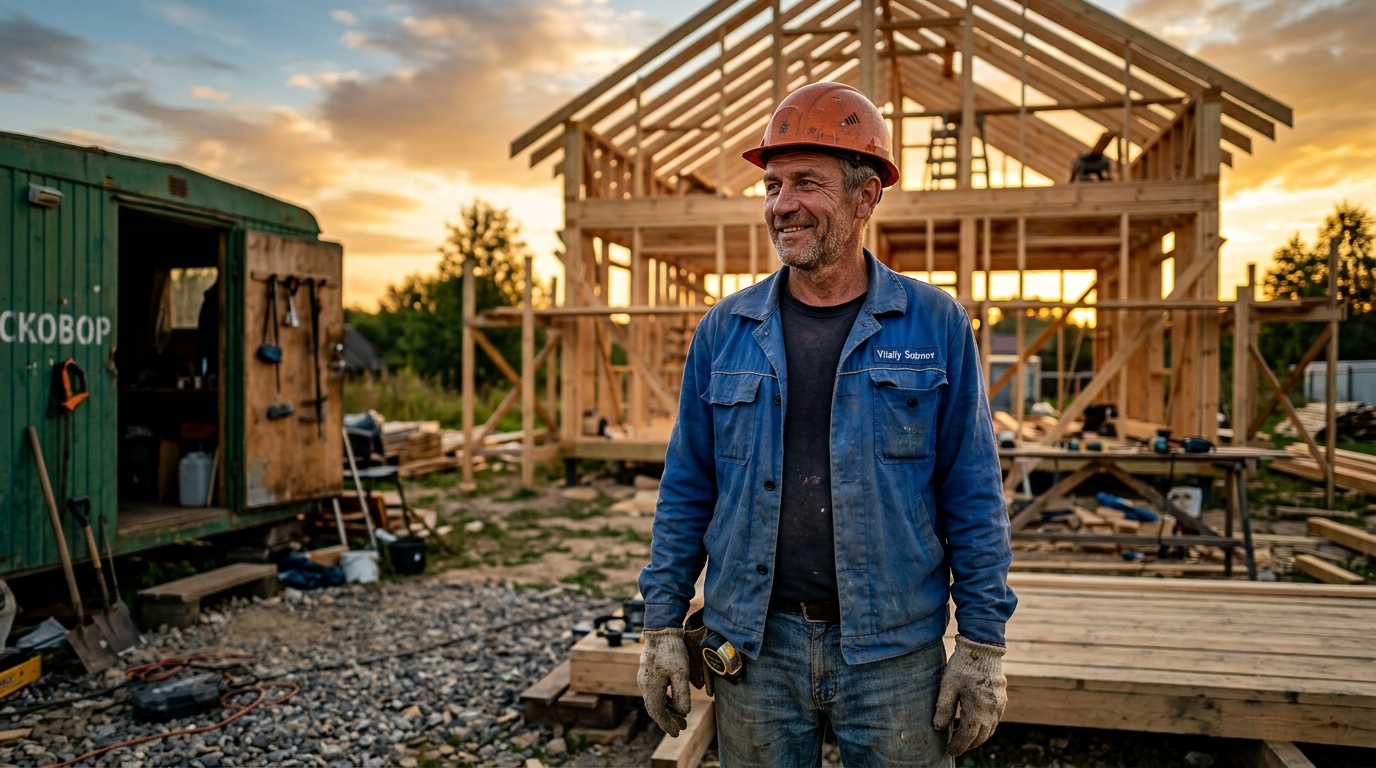 Виталий Смирнов — портрет строителя с опытом в каркасных домах на фоне вагончика