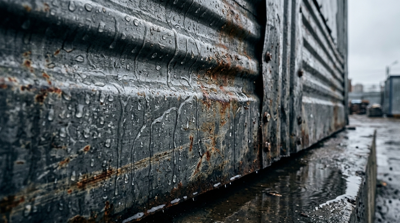 Капли конденсата стекают по холодным стенам металлической бытовки в сырую погоду