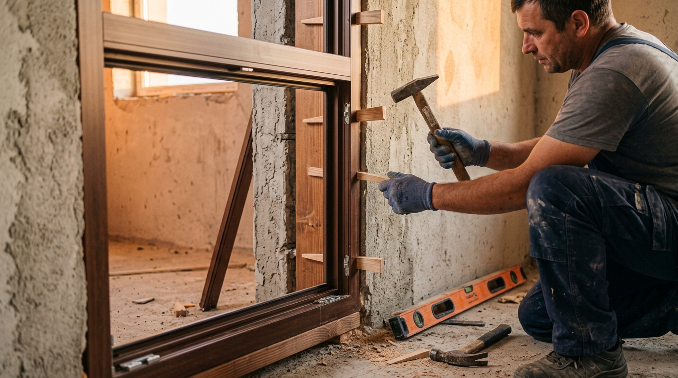 Сборка дверного короба: фиксация стоек и перемычки клиньями в проеме