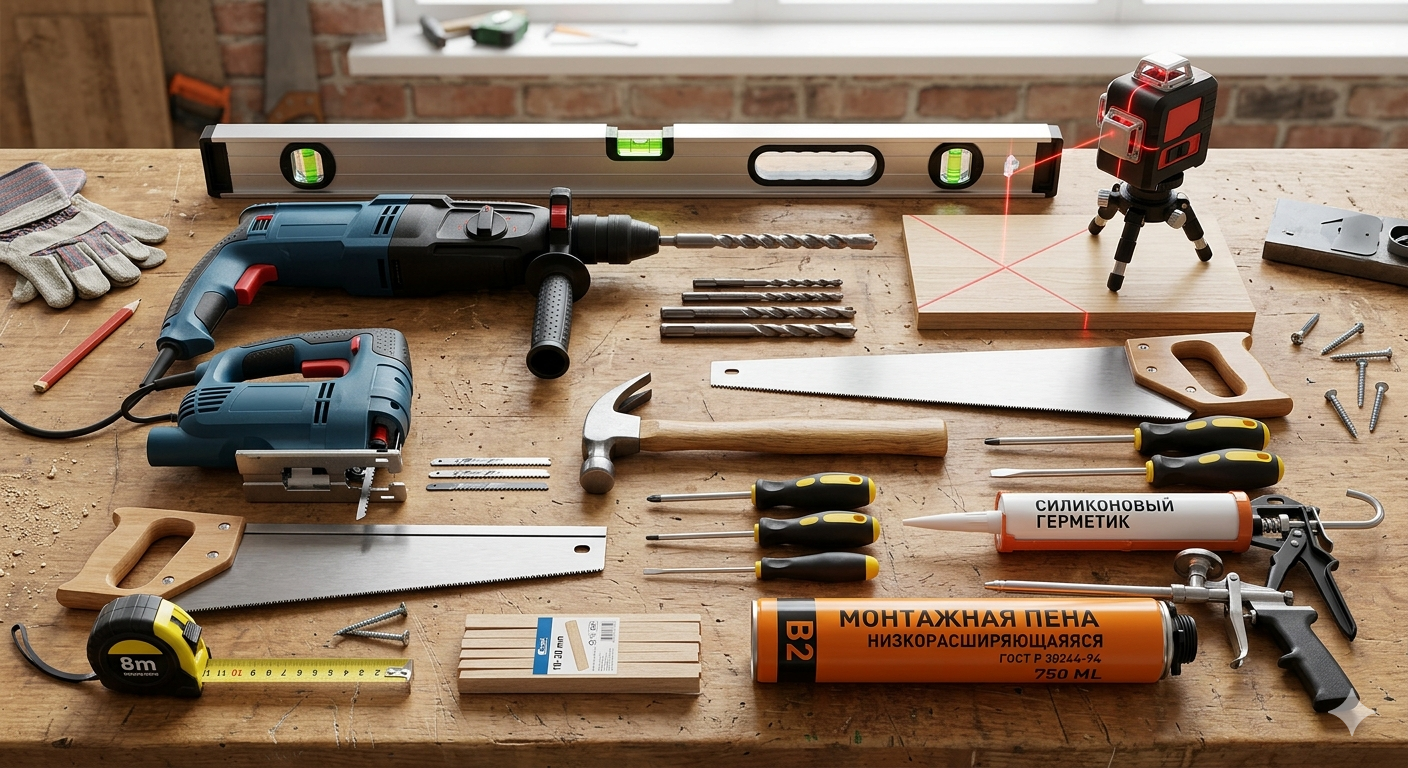 Необходимый набор инструментов для установки двери: уровень, перфоратор, пила и клинья