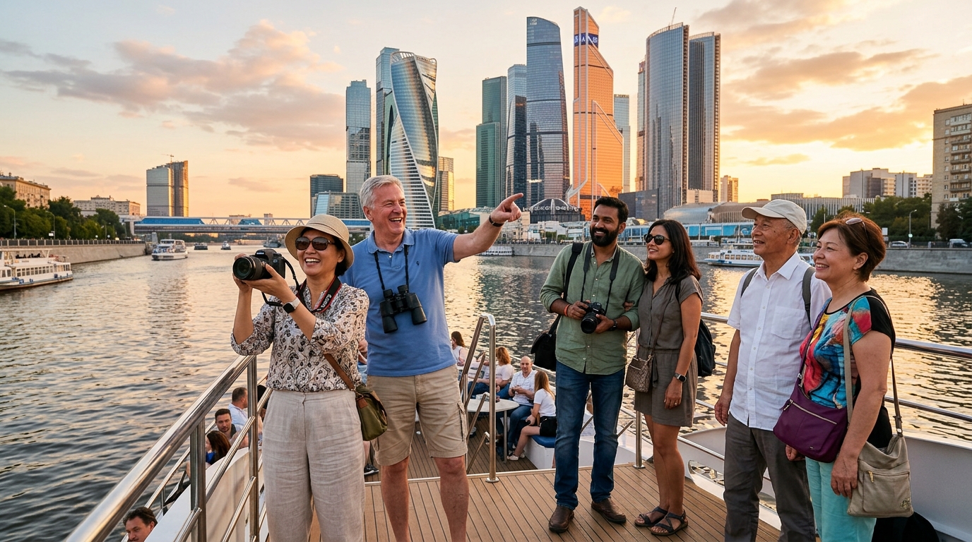 Иностранные туристы на борту теплохода наслаждаются видами Москва-Сити с Москвы-реки