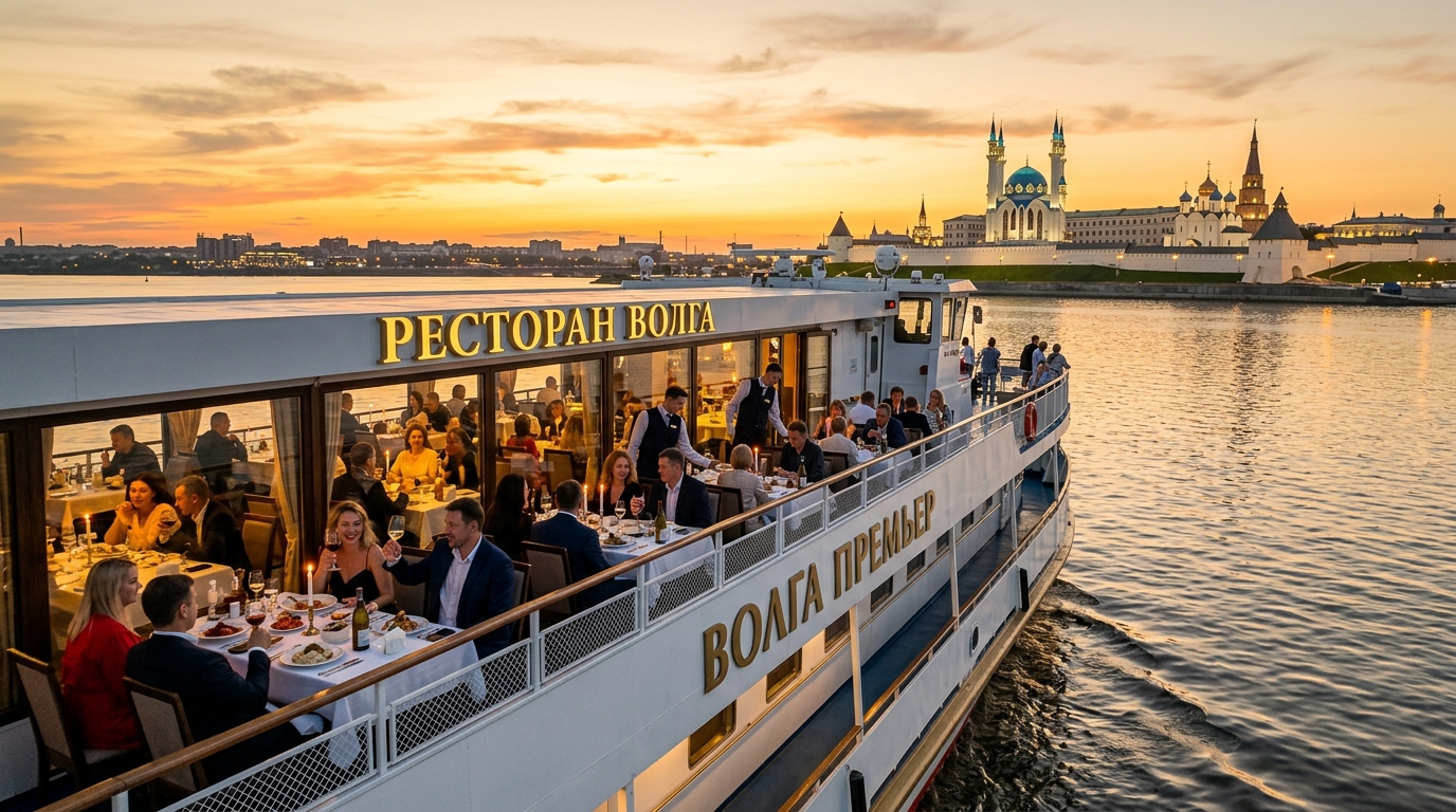 Теплоход плывет по Волге в Казани с ресторанным залом и гостями за ужином