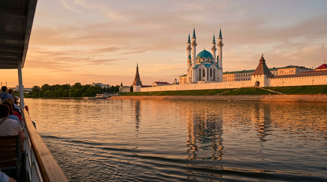 Мечеть Кул-Шариф в Казанском кремле с видом с Волги на речном круизе