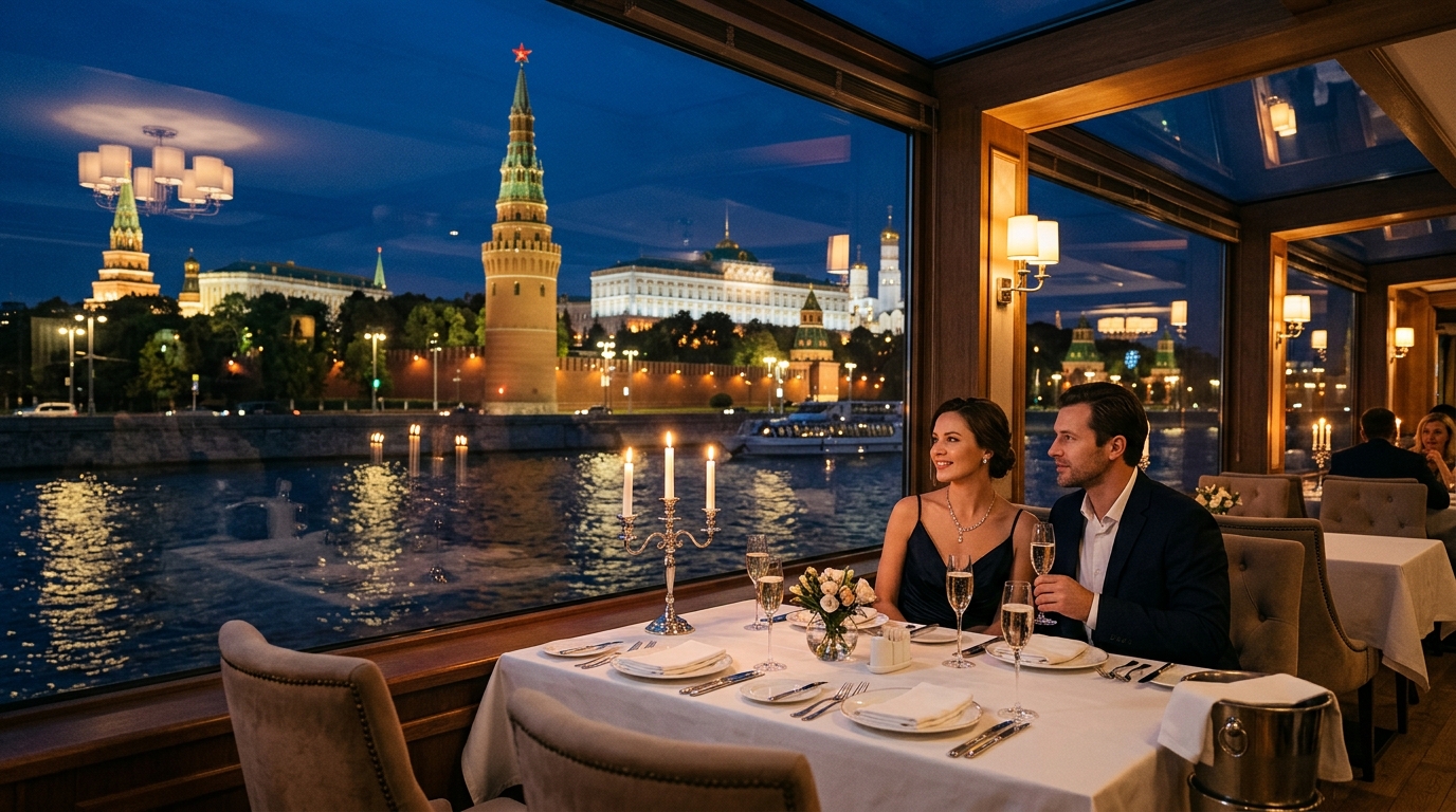 Ресторан на теплоходе плывет по Москве-реке вечером с подсвеченными огнями Кремля на фоне