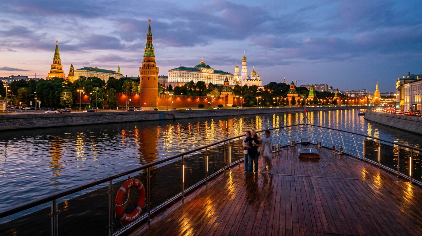 Вид на Кремль с борта речного круизного судна по Москве-реке в вечернее время