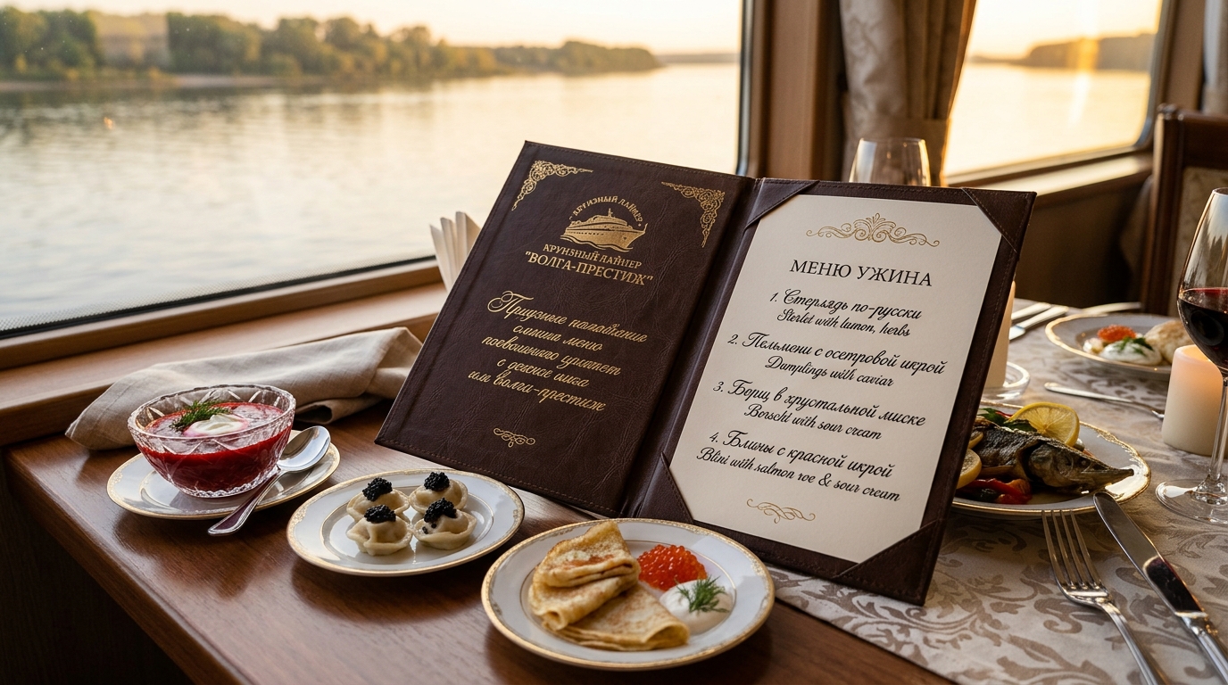 Изысканное меню ресторана на теплоходе с блюдами русской кухни и видом на реку