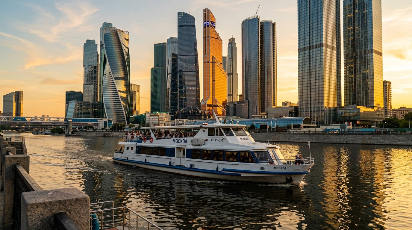 Речной трамвайчик плывет мимо небоскребов Москва-Сити по Москве-реке
