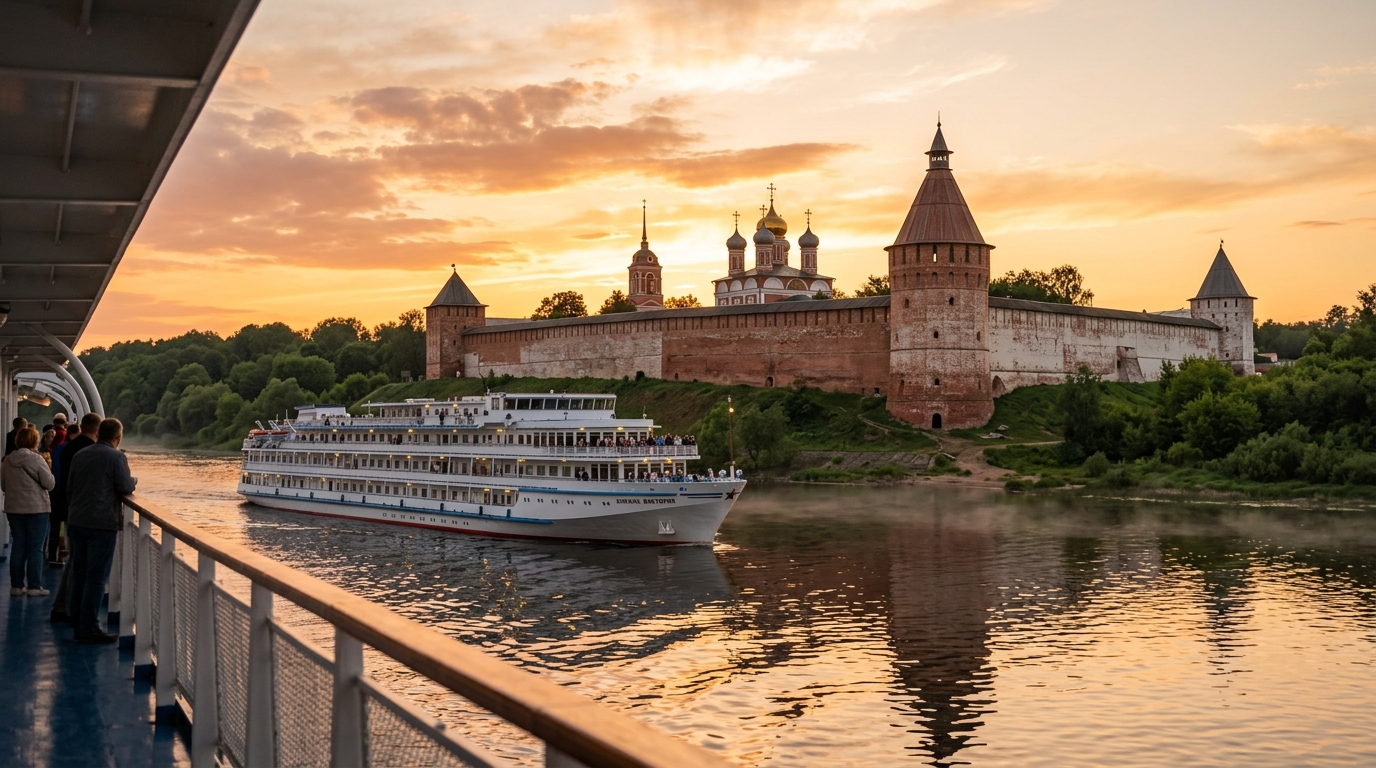 Каменный кремль Углича на берегу Волги во время речного круиза