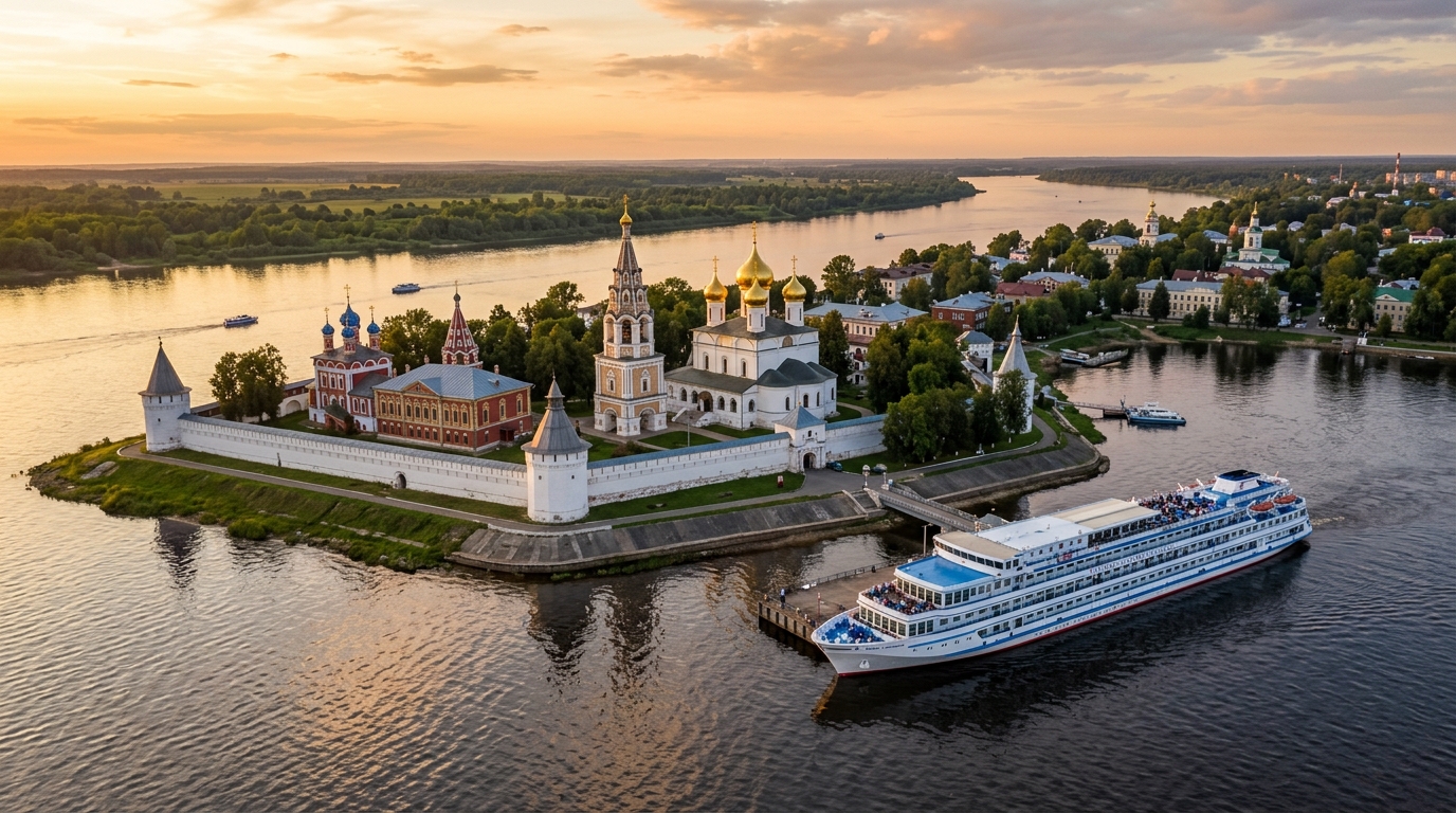 Угличский кремль на берегу Волги с видом на речной круизный теплоход