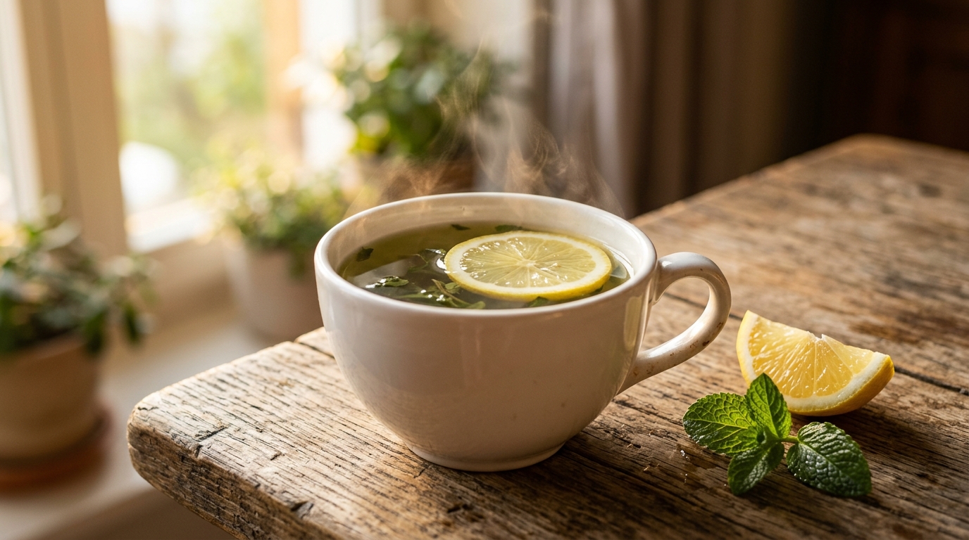 Чашка зеленого чая с лимоном на деревянном столе, символизирующая пользу для иммунитета и пищеварения