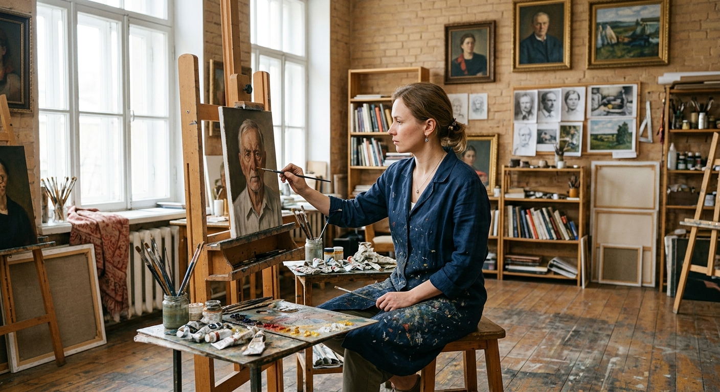 Этапы создания: сколько времени пишется настоящий портрет маслом, специалист за работой, рабочая обстановка, деловая атмосфера